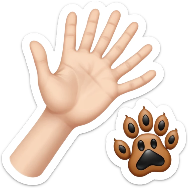 there is a drawing of a human hand gently reaching toward a dog’s paw. The dog has brown fur with black areas, and the paw is extended like it’s about to touch the person’s fingers sticker