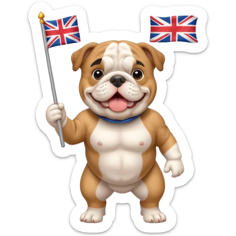 English bulldog waving a small flag, acting as a tour guide sticker