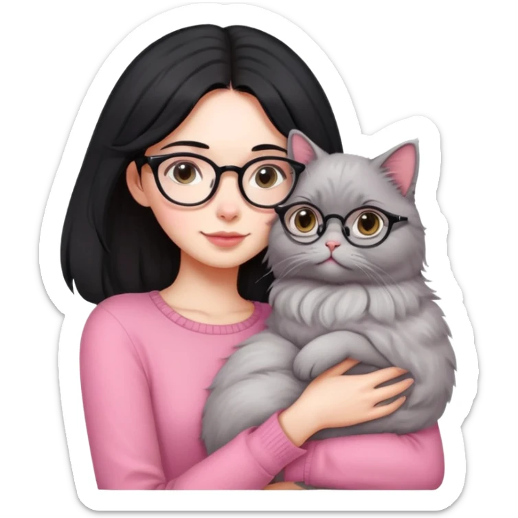 Beautiful skinny woman medium black hair with oval glasses in pink outfit hug persian-angora grey cat sticker