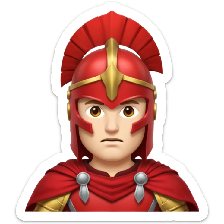 Emoji portrait of a Spartan warrior. Crested helmet, red cloak, determined expression. sticker