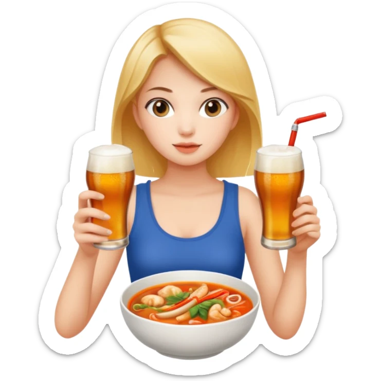 a young woman full length wathing series with a bottle of beer and tom yum  sticker