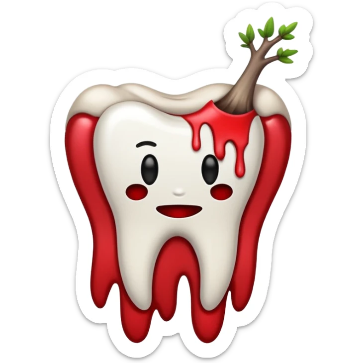 Minimalist emoji-style sticker of a pulled tooth with roots and a smear of blood at the base. Black and desaturated red colors. Flat, clean outline on white.
 sticker