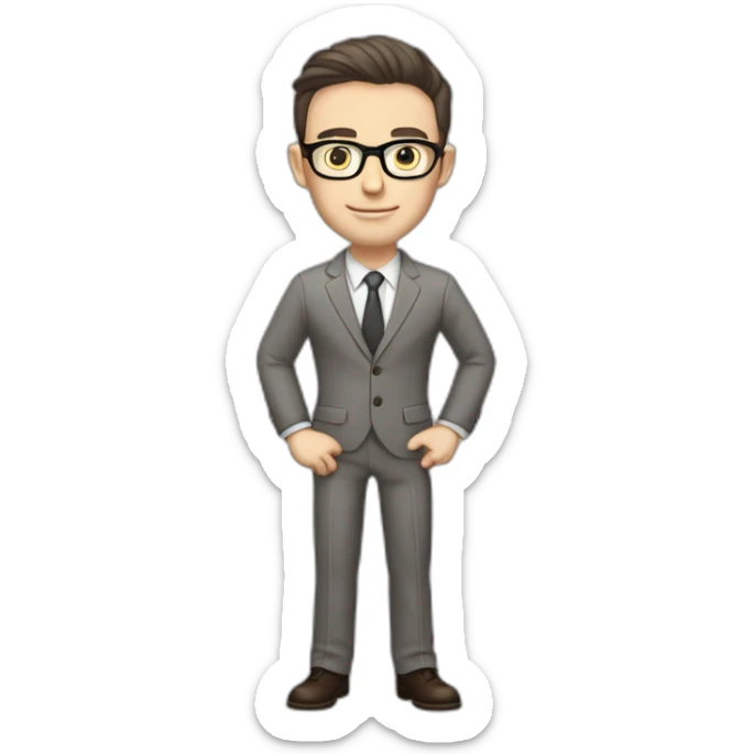 Full height Pale skinned Fit Man With dark brown hair in classic gray suit, beige office shirt, dark gray tie, and vintage glasses. Thrumbs of his palms directed up sticker
