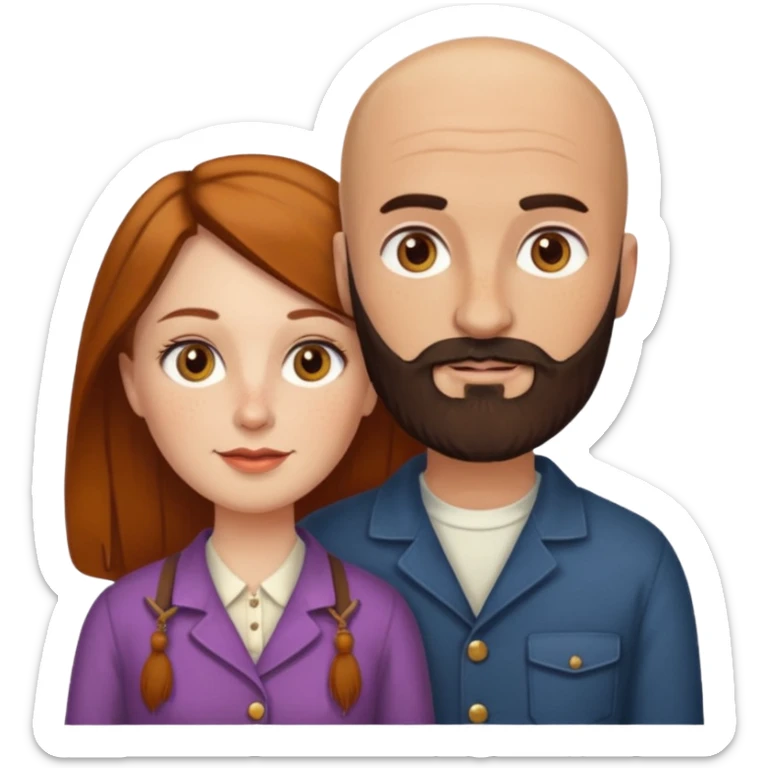 Couple. Bald man with dark brown-black beard. White woman with many small, faded freckles, she has white skin and she has auburn-yellow-brown-cinnamon, dark long hair. She has light brown eyes. The man have hazel eyes. Retro style. sticker