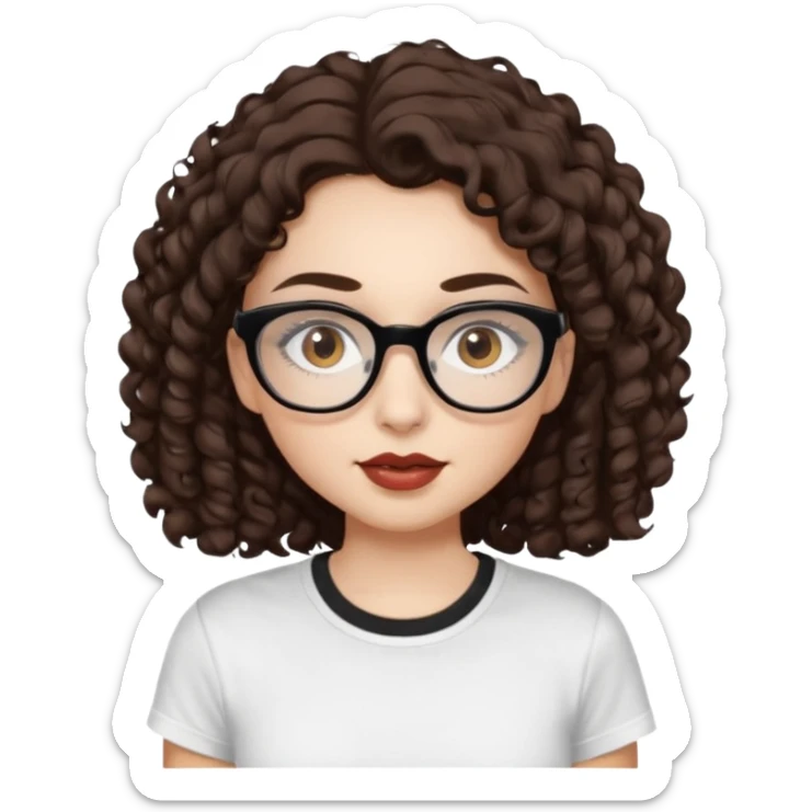 I want to describe me. I am a girl with brown hair amd curly hair. I have brown eyes and black glasses and long lashes with mascara. My lips are medium and my nose as well. I wear a white T-shirt. I am white skin with long curly hair sticker