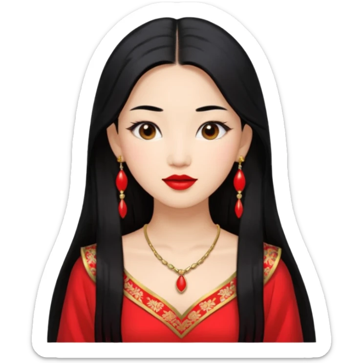 30 yr old asian woman, center part straight long black hair, very pretty, fancy dress, earings, red lipstick sticker