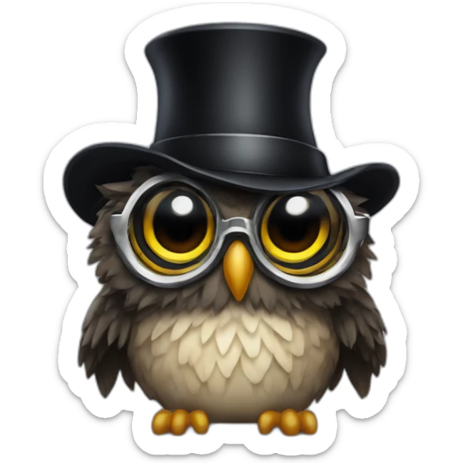 owl with long curly black hair wearing a tophat and sunglasses sticker