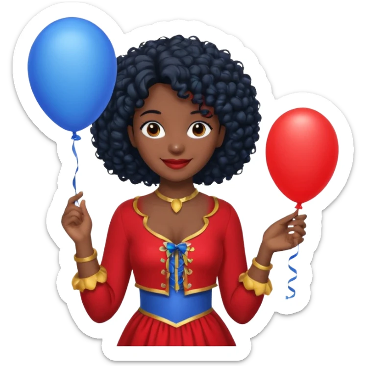 woman with curly black hair and dark face red costume, holding blue balloon sticker