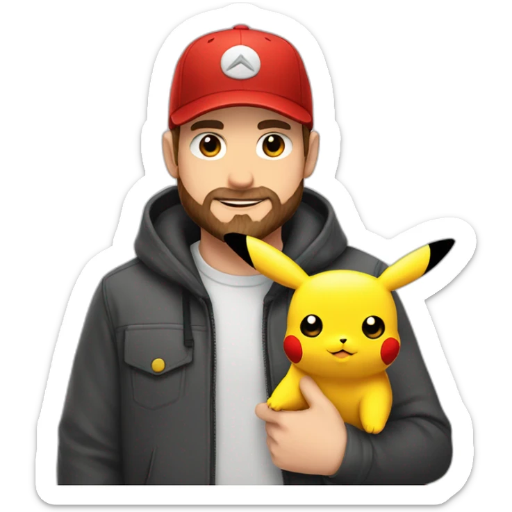 white man with brown hair and beard and a red cap, holding and a pikachu pokemon sticker