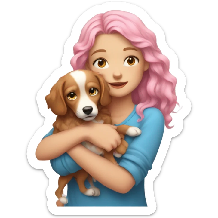 Please create a girl who hugs her pet doggie. The girl has a cute face and so does the doggie. The girl has light skin, blue eyes and pink wavy long hair. sticker