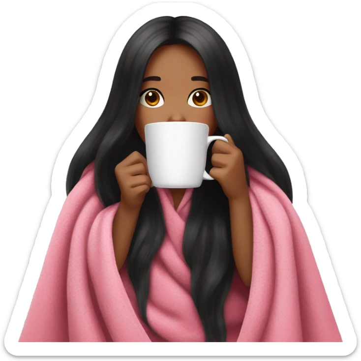 very long black hair pretty girl in a pink blanket sipping coffee sticker