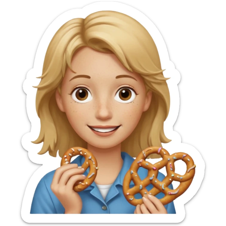 Short, center part, Dirty blond hair, fair skin with freckles,  holding pretzels and closing one eye sticker