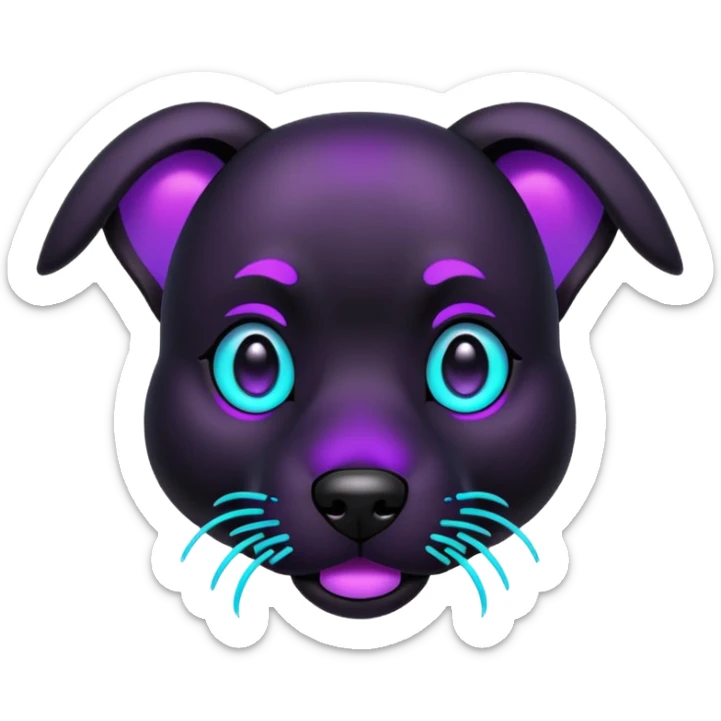 futuristic glowing black dog emoji, neon cyan eyes, purple #8B5CF6 highlights, tech minimal style, dark background sticker