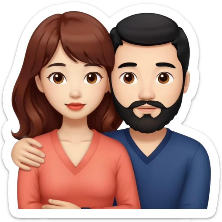 handsome mixed white asian man with black hair and beard, hugging cute tan skin woman with long wavy reddish brown hair with bangs and coral lipstick sticker
