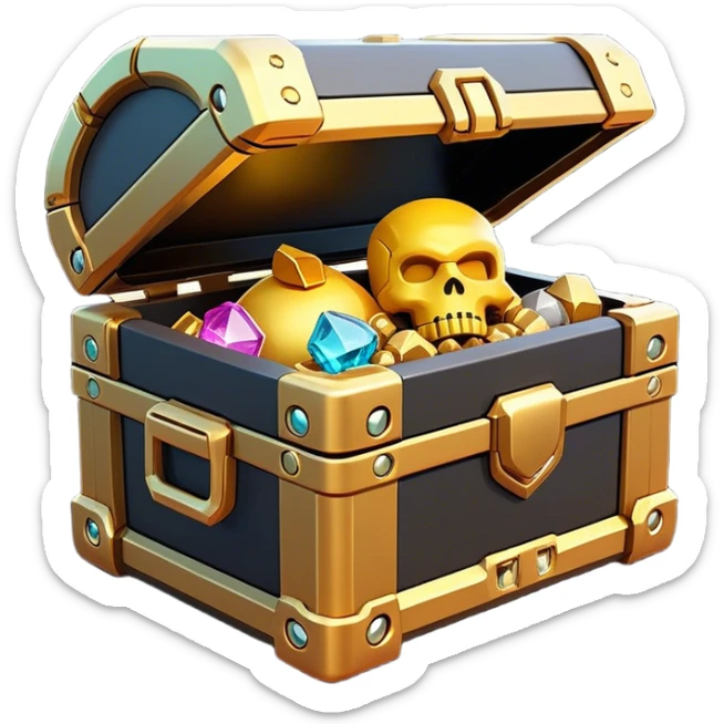 Clash of Clans aesthetic: Cinematic Playful Sci-fi Loot Crate Emoji, rendered in a 3D vector-style similar to standard emojis with minimal shading and bold, simplified shapes. A compact, futuristic storage box with sleek metallic panels and digital accents, softly glowing with a cosmic treasure charm. Simplified yet unmistakably iconic, highly detailed and consistent, glowing with a soft radiant shine and high gloss. Stylized with a touch of intergalactic mystery and a soft glowing outline, capturing the essence of a futuristic reward chest with a friendly, playful allure! sticker