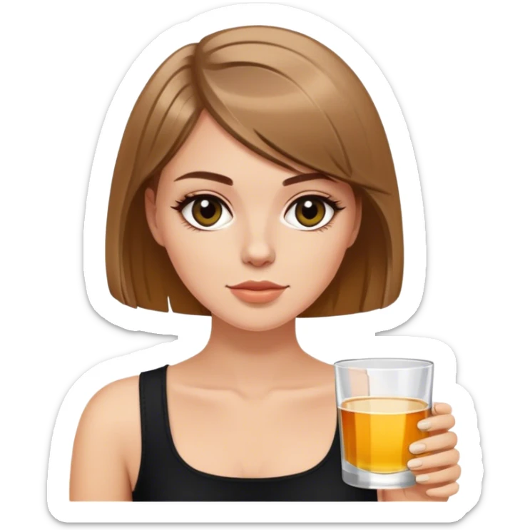 light brown hair white girl with short bob no bangs with a shot of tequila wearing black sticker