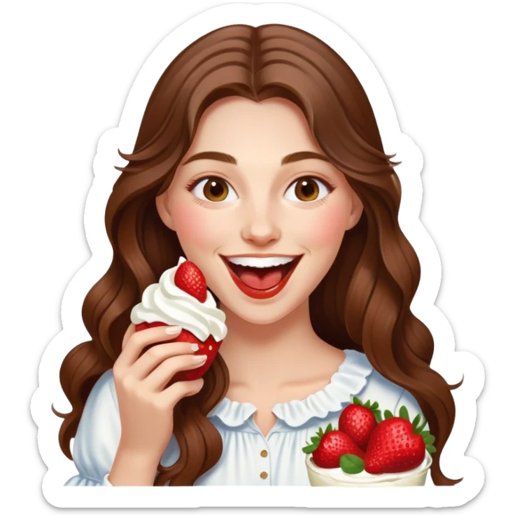 Young woman with long brown hair eating strawberries whipped cream, laughing elegant  sticker