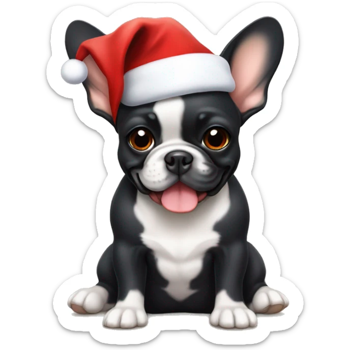 A small, black-and-tan French bulldog with a mostly black face and tan paws, wearing a classic red and white Santa hat, sitting happily with its tongue slightly out. sticker
