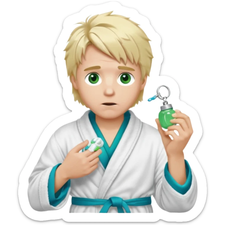 A white man with green eyes, medium-length blond hair, a blue Cartier watch on his wrist, and a black and white bathrobe. His hair is messy, and he has a white pacifier in his mouth. sticker