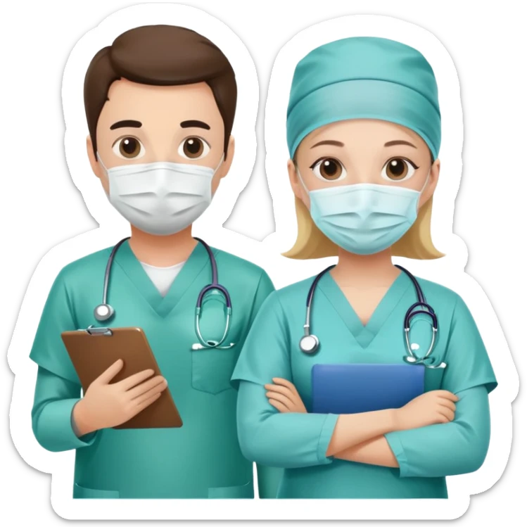 Doctor with surgical mask and scrubs next to another doctor with clipboard sticker