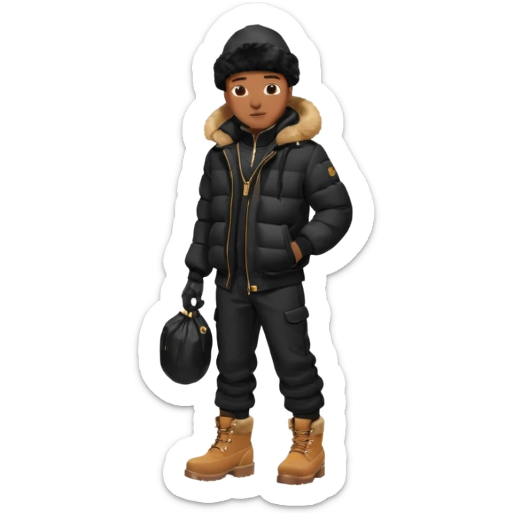 Handsome Black grown man with brown skin tone, wear black joggers, a black bubble coat with a fur brim on the hood, and buckwheat timberland boots, and black gloves sticker