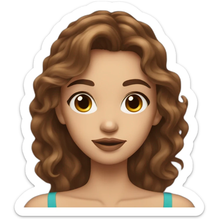 long wavy brown hair skinny girl with thin face and makeup from head to chest sticker
