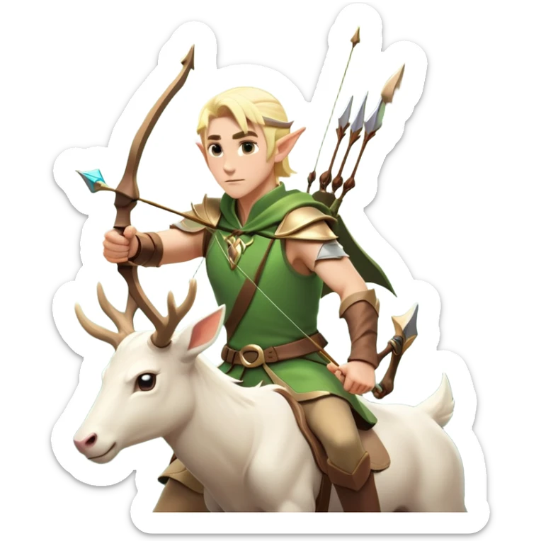 clash-of-clans-aesthetic-blond-male elf-archer-portrait-emoji, rendered in a flat, vector-style with minimal shading and bold holding his bow, simplified shapes, head tilted slightly forward with a determined, focused expression, riding a majestic white stag whose antlers glow with mystical energy, set against an ancient, enchanted forest backdrop. sticker