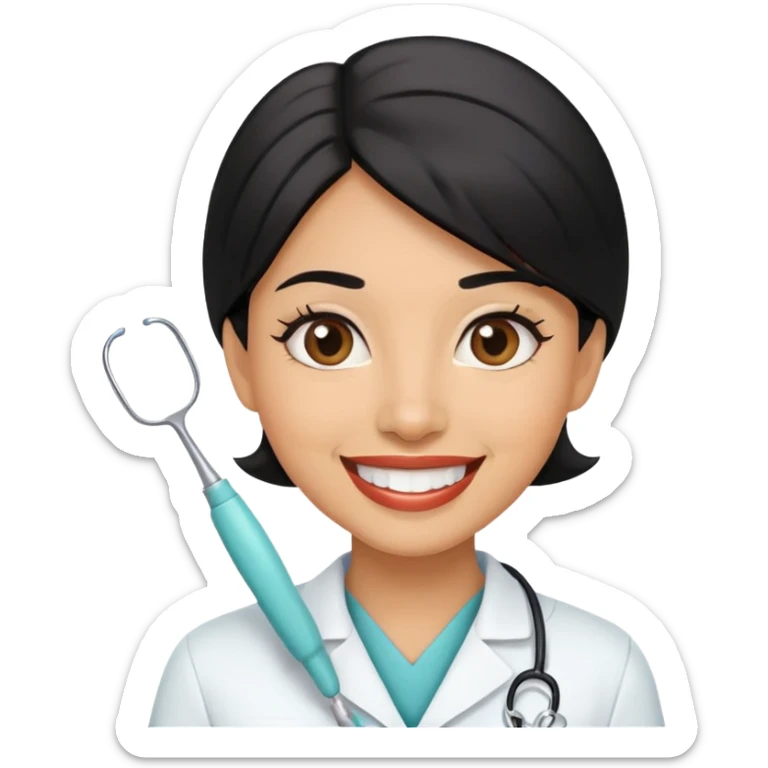 Chica dentista de piel morena clara con cabello negro medianamente largo muy sonriente  sticker