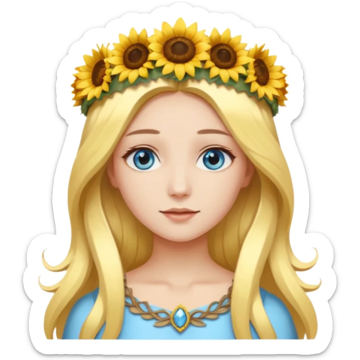 portrait woman long blonde hair blue eyes white skin wearing sunflower halo crown sticker