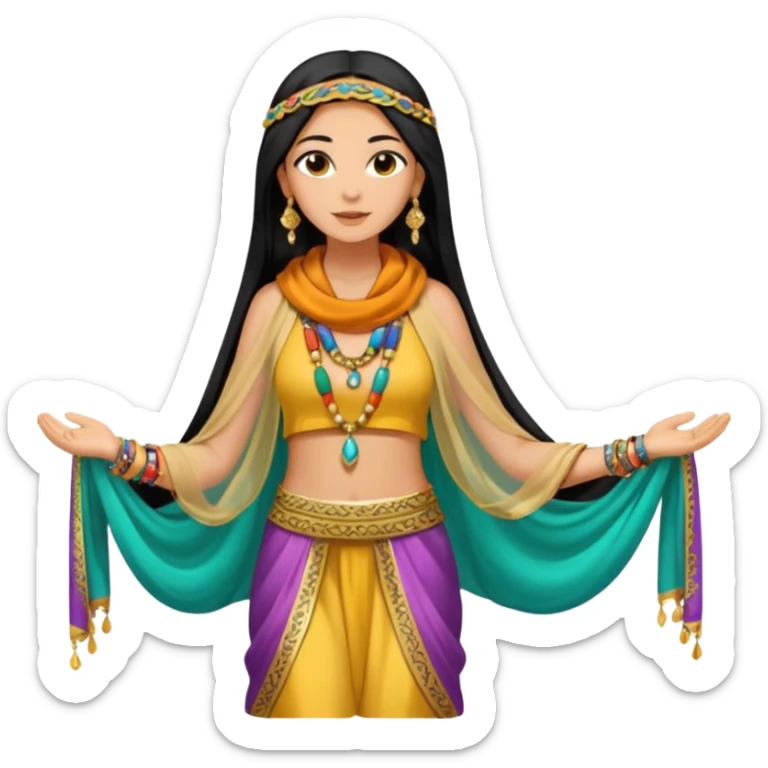 Mujer joven, morena, 
Negro, largo y brillante, suele ir cubierto parcialmente por un velo o pañuelo oriental.inspiración árabe: túnica colorida , con detalles dorados o lentejuelas; brazaletes y pendientes.cuerpo entero sticker