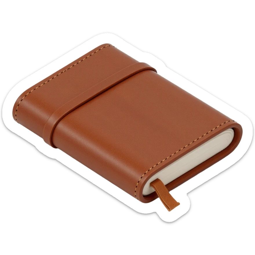 leather-bound notebook with stitching and 'brandbook' written on it, skeuomorphism icon style sticker