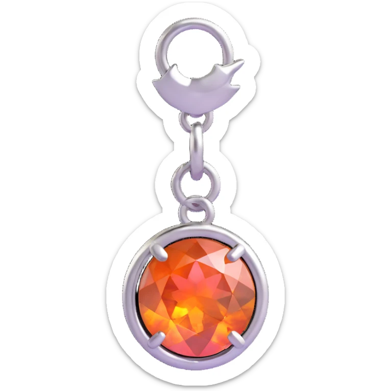 extreme close-up of a round cut pink fire opal charm with intense iridescent pink and orange colors, silver setting and silver jump ring sticker