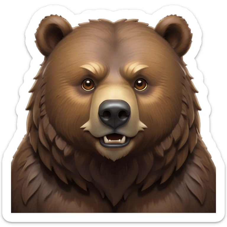 Cinematic Noble Grizzly Bear Portrait Emoji, Poised and regal, with a massive, powerful build and a thick, rugged deep brown fur, piercing deep-set soulful eyes, Simplified yet sharp and sophisticated features, highly detailed, glowing with a soft, dignified glow, high shine, intelligent and formidable, stylized with an air of untamed wilderness, focused and attentive, soft glowing outline, capturing the essence of a watchful and commanding guardian, so majestic it feels as though it could lumber out of the screen with effortless authority! sticker