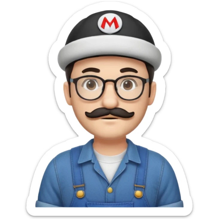 person with glasses, short dark hair, mustache and beard, wearing Mario hat and overalls sticker
