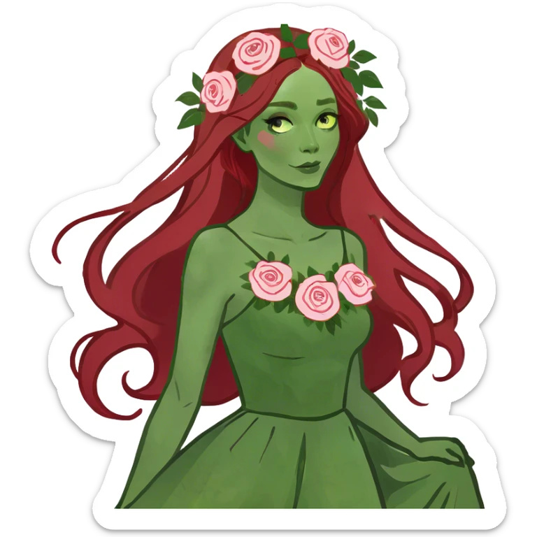 Realistic Long Red haired white woman with white & pink roses in her hair  sticker