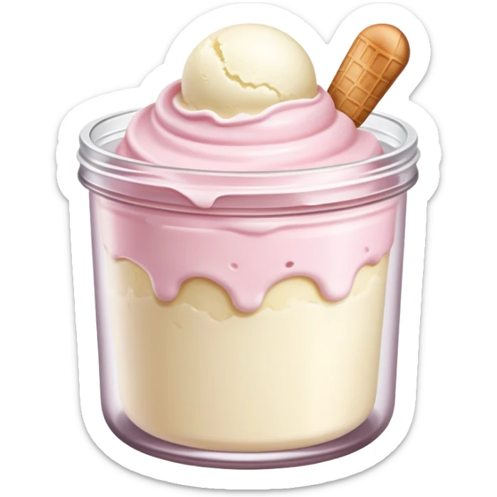 ultra realistic round single scoop of vanilla bean ice cream in light pink short jar sticker