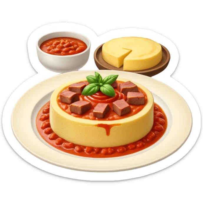 Creami l’emoji di una polenta su un piatto con il sugo e la carne sopra sticker