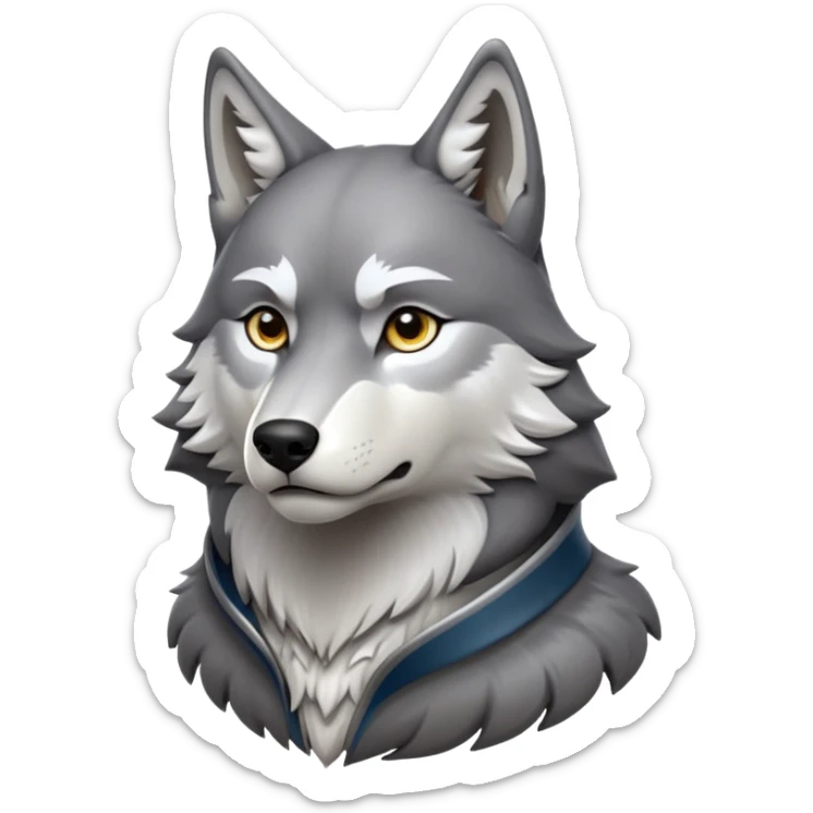 cinematic-noble-wolf-portrait-emoji,-poised-and-regal,-with-a-strong,-lean-build-and-a-sleek,-well-groomed-fur-of-grey-and-white,-deep-set-soulful-piercing-eyes,-simplified-yet-sharp-and-sophisticated-features,-highly-detailed,-full-body, zoomed out showing shoulders sticker
