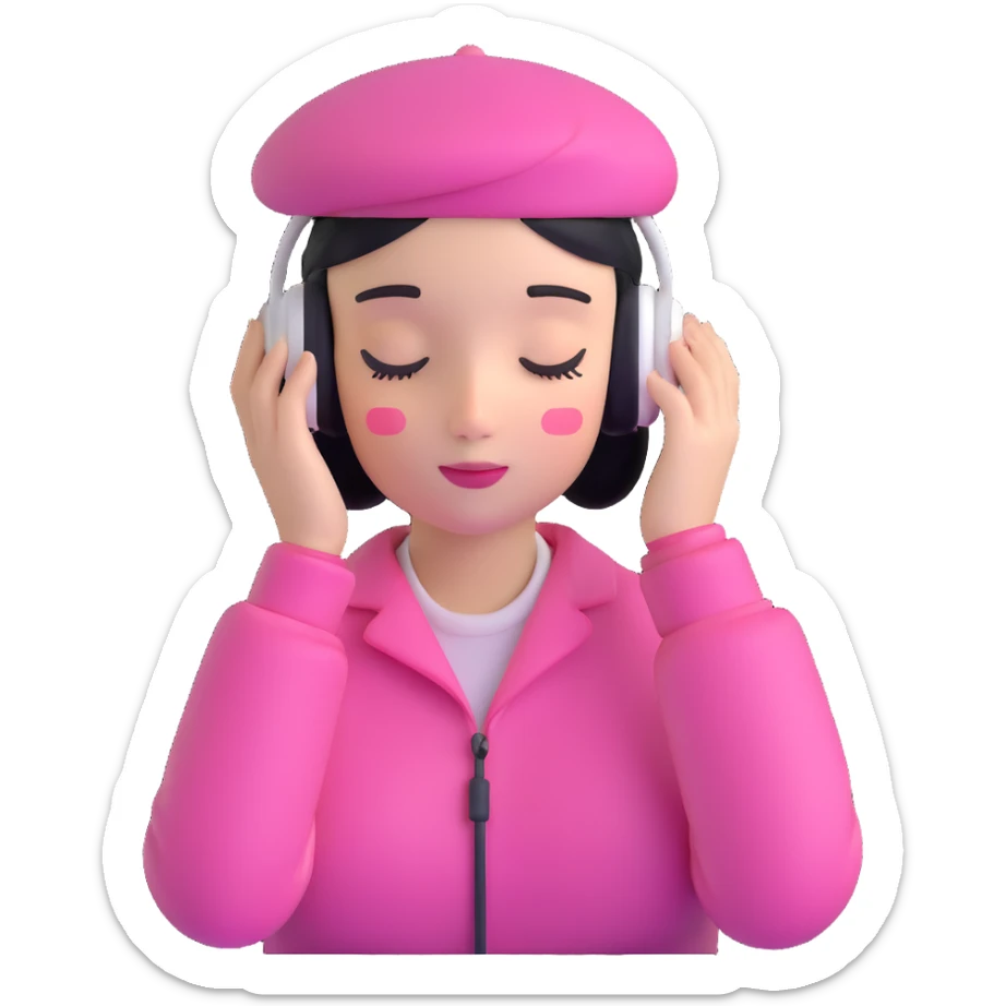 girl wearing a pink beret and AirPods Max headphones, listening to music with closed eyes sticker