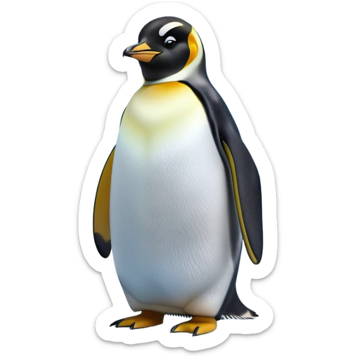 Cinematic Noble Emperor Penguin Portrait Emoji, Poised and regal, standing proudly on icy terrain with crisp black and white plumage and determined, deep-set eyes, Simplified yet sharp and sophisticated features, highly detailed, glowing with a soft, dignified polar glow, high shine, intelligent and stalwart, stylized with an air of imperial command, focused and resolute, soft glowing outline, capturing the essence of a watchful and confident arctic guardian that feels as though it could waddle out of the screen with effortless authority! sticker