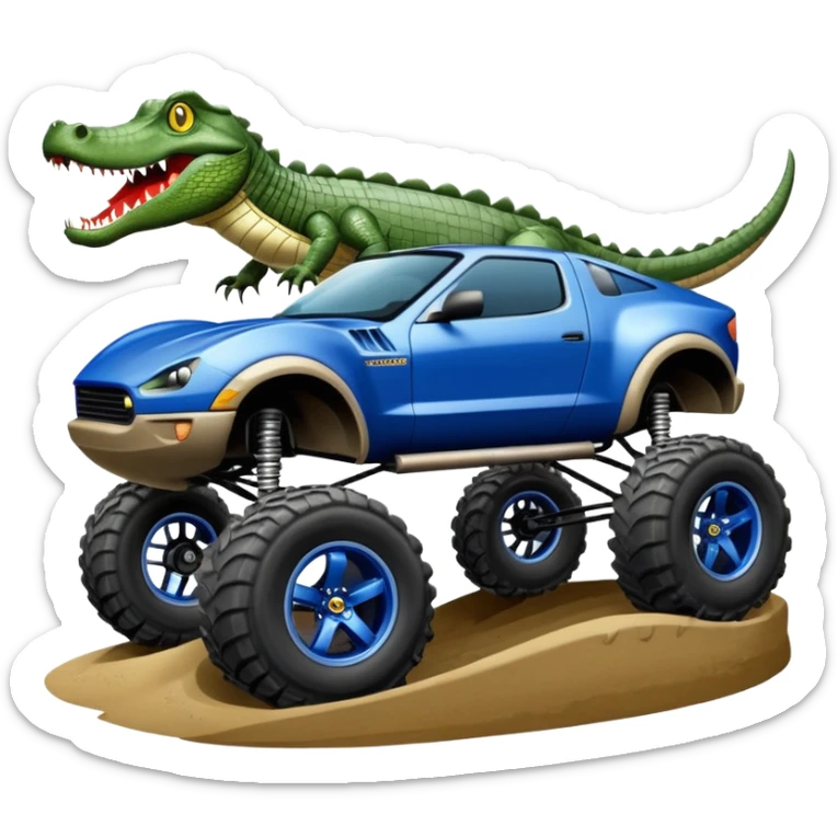 Dirty Joke’s Midnight-blue Local Motors Rally Fighter off road race car being driven by a five foot tall alligator, in the driver’s seat, over a dirt ramp  sticker