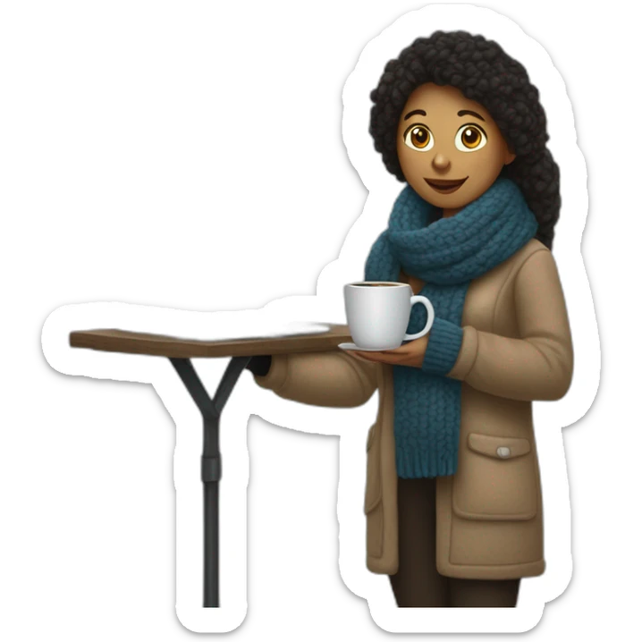 long straigh woolly shirt and black woolly scarf and holding a closed laptop on her left hand and a coffee mug on her right hand not full body shot sticker