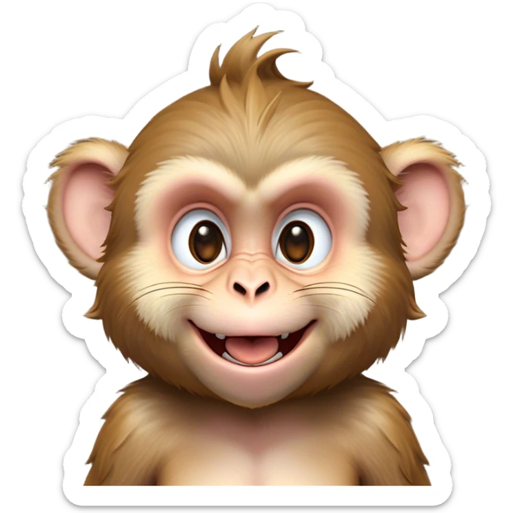 Cinematic Adorably Mischievous Macaque Portrait Emoji, Head tilted in a playful wink with an exaggerated, cheeky grin and a slightly raised eyebrow, featuring a compact, nimble build with fluffy fur and round, twinkling eyes brimming with mischief, Simplified yet irresistibly endearing features, highly detailed, glowing with a bright, joyful radiance, high shine, lively and quirky, stylized with an air of whimsical primate fun, soft glowing outline, capturing the essence of a mischievous macaque that seems ready to pull a playful face and scamper into your heart! sticker