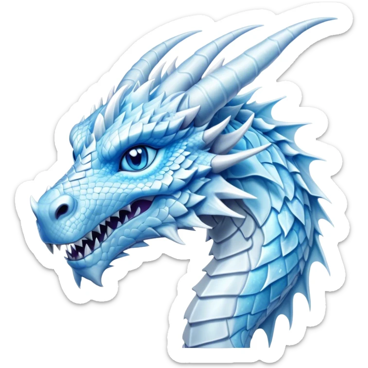 Cinematic Noble Beautiful Ice Dragon Portrait Emoji, Poised and majestic, with an ethereal, crystalline body adorned in intricately detailed scales of frosty blues and silvery whites reminiscent of glacial ice and delicate snowflakes, and piercing, cool eyes reflecting winter’s clarity; rendered with lifelike texture and subtle natural highlights, high shine, elegant and formidable, styled with an aura of chilling mythic beauty, focused and serene, soft glowing outline, capturing the essence of a legendary ice sovereign ready to glide gracefully out of the screen with timeless frosty allure! sticker