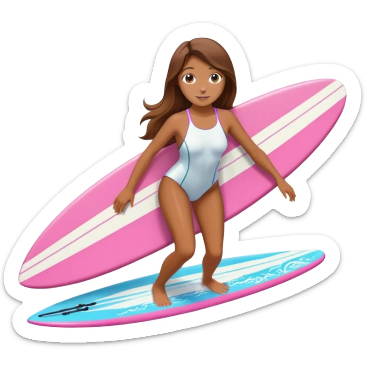 Girl with long brown hair surfing at pink short board in the white swimsuit  sticker