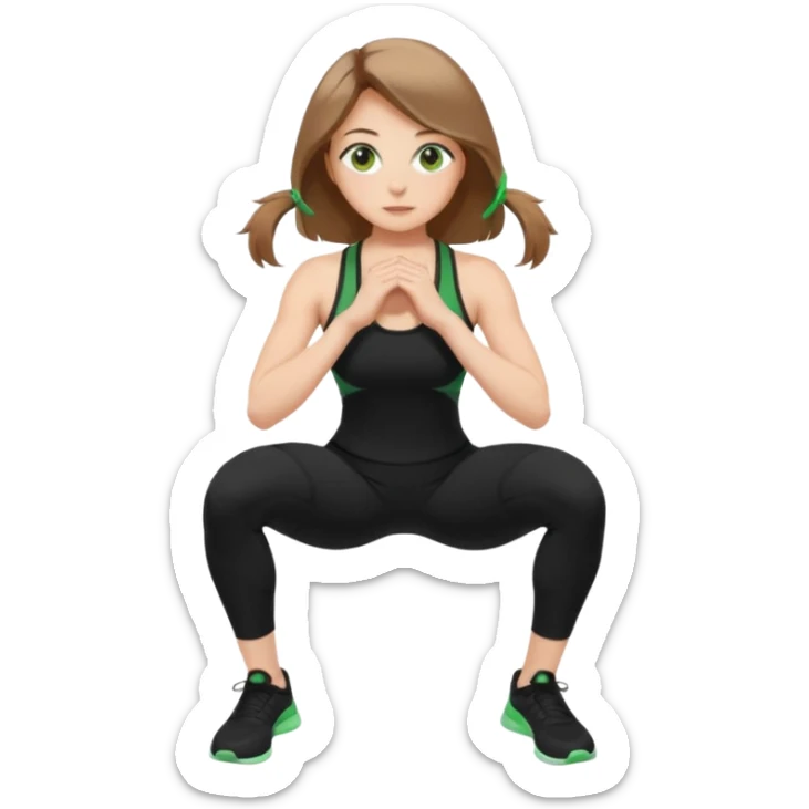 Beautiful woman with light brown shoulder length hair popping a squat without any weights. Make her with a little lighter, brown hair and green eyes. Make her fair skinned and wearing a black workout suit. sticker