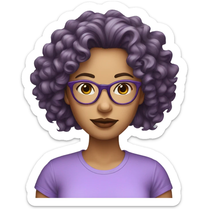 long curly hair woman with fair skin, big lips and lilac t shirt and glasses sticker