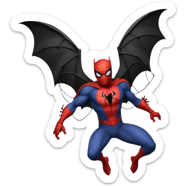 fusion of Batman and Spiderman, superhero mashup, swinging through the city, bat wings and spider web, no text sticker