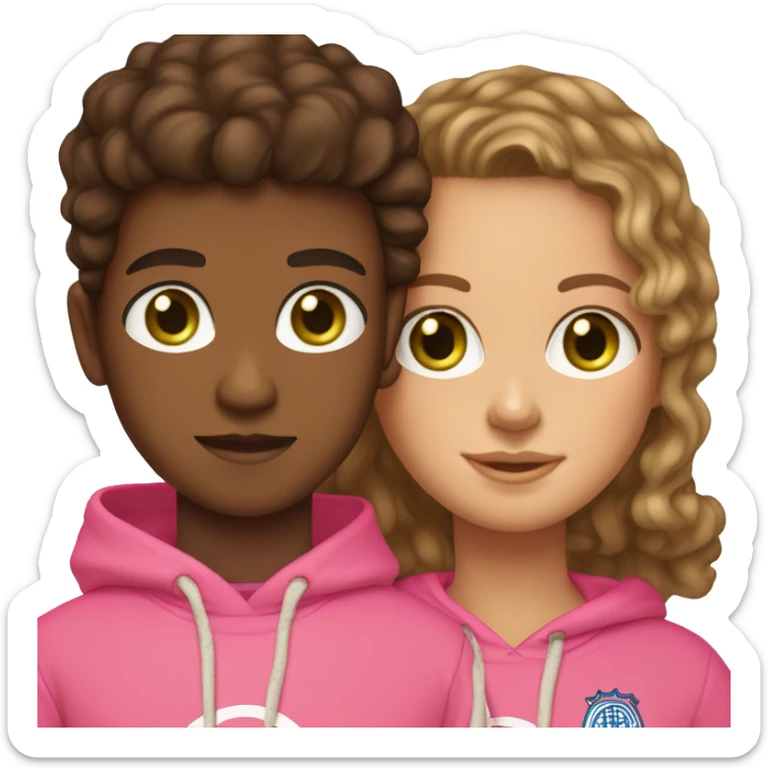 Brunette girl light skin with long hair and green eyes and gold earring hoops wearing a pink hoodie hugging a brunette boy with brown eyes light skin and curly brown hair wearing a soccer jersey  sticker
