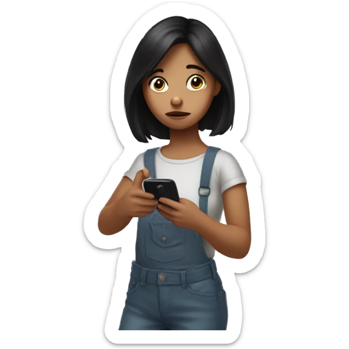 A girl with a sad face and dark hair holds a phone in her hand and presses it with her finger  sticker
